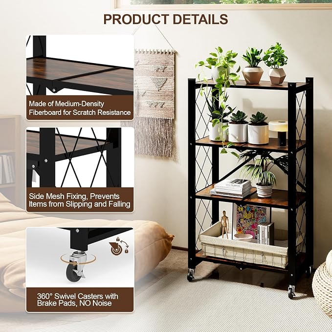 4 Tier Folding Shelf with Wheels, Wood and Metal Bookshelf, no Assembly Foldable Storage Shelves, Vintage Storage Rack for Living Room, Bedroom, and Home Office