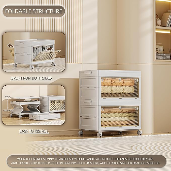 88 QT / 22 Gal Multi-Purpose Foldable Storage Cabinet - Transparent Dual Doors with 3-Stage Locking System, Heavy Duty Wheels, Simple Pull-to-Open Mechanism for Home/Office/Garage Organization