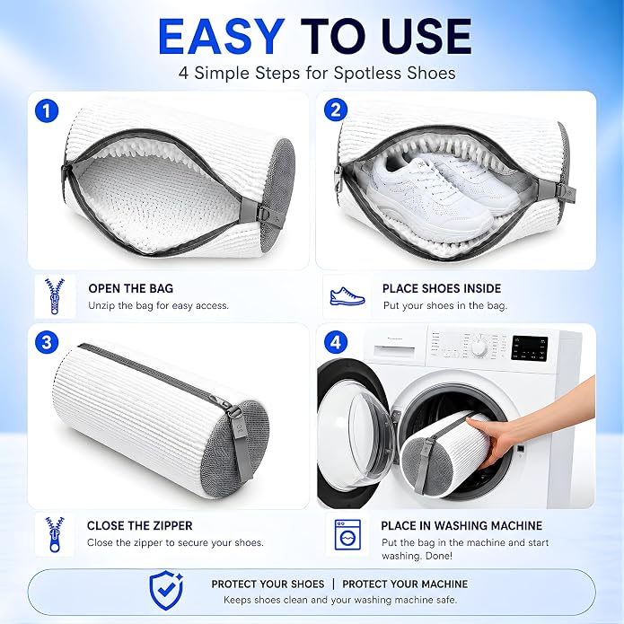 GEWON Shoe Washing Machine Bag for Wash & Dry, 4-in-1 Kit 2 Chenille Sneaker Laundry Bags + 2 Dust Bags, Self-Locking Zipper