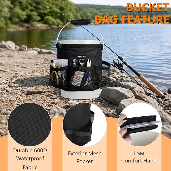 MELOTOUGH Bucket Tool Organizer Fits 5 Gallon Water-Resistant Mesh Pockets | Water Resistant, Multiple Compartments Pockets, Hold Large Brushes & Garden Tools, Fits 3.5-5 Gal Buckets, Easy to Carry