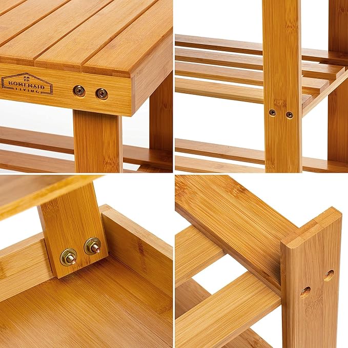 Purawood Bamboo 3 Tier Shoe Rack Bench, Premium Shoe Organizer or Entryway Bench, Perfect for Shoe Cubby, Entry Bench, Bathroom Bench, Entryway Organizer, Hallway or Living Room
