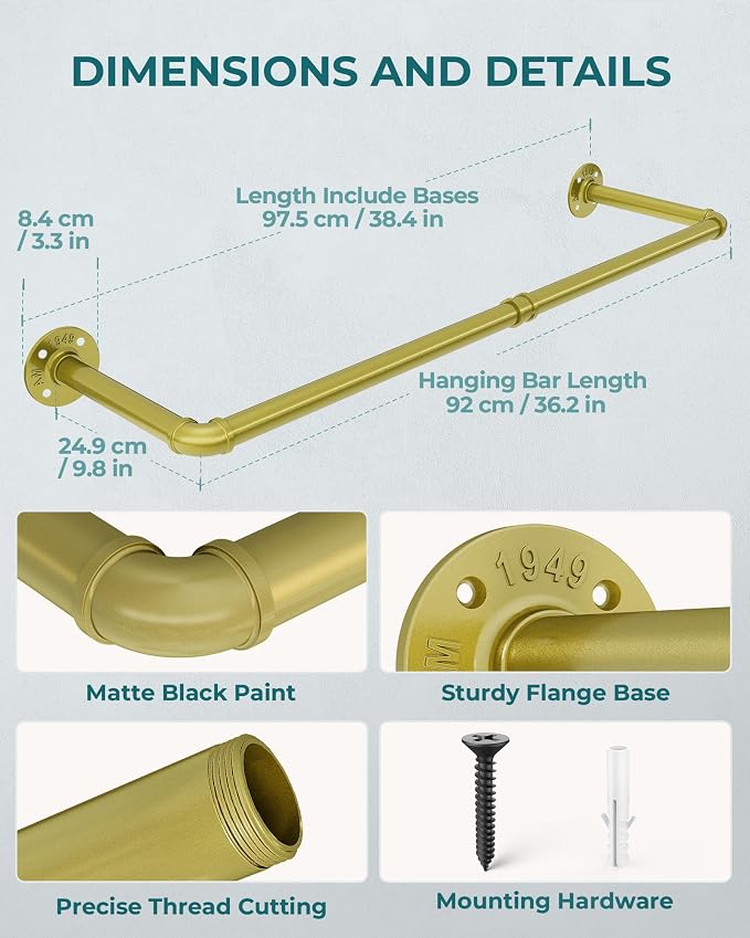 OROPY 38.4" Industrial Pipe Clothes Rack Wall Mounted, Heavy Duty, 2 Pack | Heavy Duty Iron Pipe Clothing Garment Rail, Multi-Purpose Clothing Hanging Rod for Laundry Room and Closet Storage, Gold