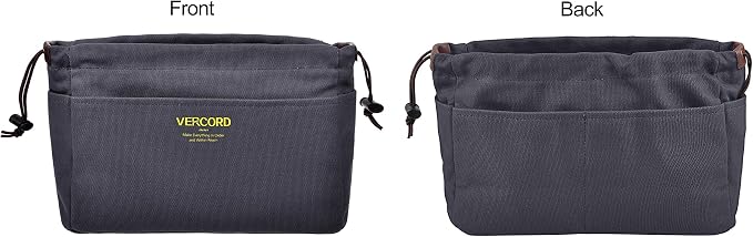 Vercord Canvas Handbag Organizers, Sturdy Purse Insert Organizer Bag in Bag, 10 Pockets Grey Large