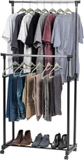 IRIS USA Double Rod Rolling Clothes Rack, Height Adjustable, Black | Adjustable hanging space for garments, accessories, and storage needs with smooth mobility