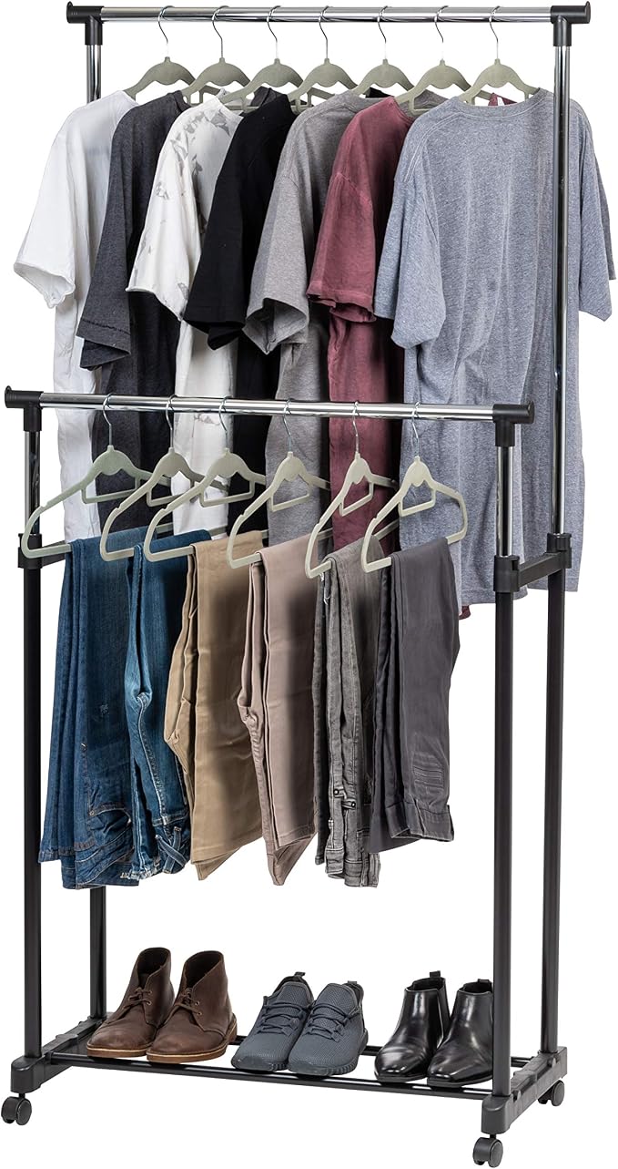 IRIS USA Double Rod Rolling Clothes Rack, Height Adjustable, Black | Adjustable hanging space for garments, accessories, and storage needs with smooth mobility