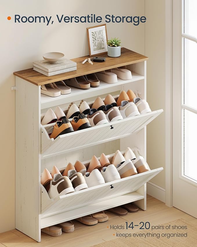 SONGMICS Home Shoe Cabinet, Snapsemble Superfast Assembly, Shoe Storage Cabinet for Entryway with 2 Flip Drawers, Adjustable Dividers and Open Storage, Farmhouse, Rustic White and Honey Brown