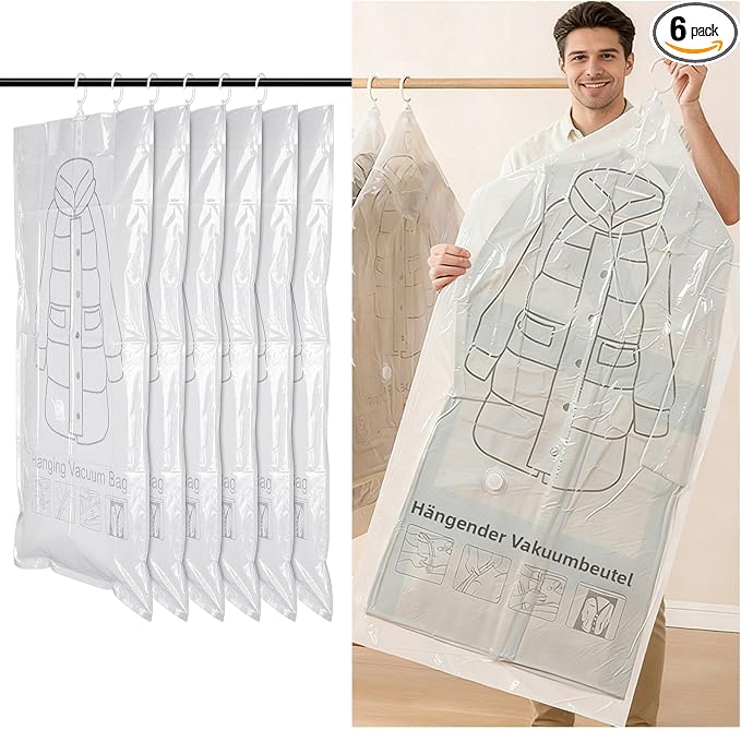 Yanhe hanging vacuum storage bags for coats, 27x43 in 6PCS, vacuum storage bags,Clothing protection, dustproof and anti-aging protection to prevent wrinkles for Clothes, Suits, Coats or Jackets