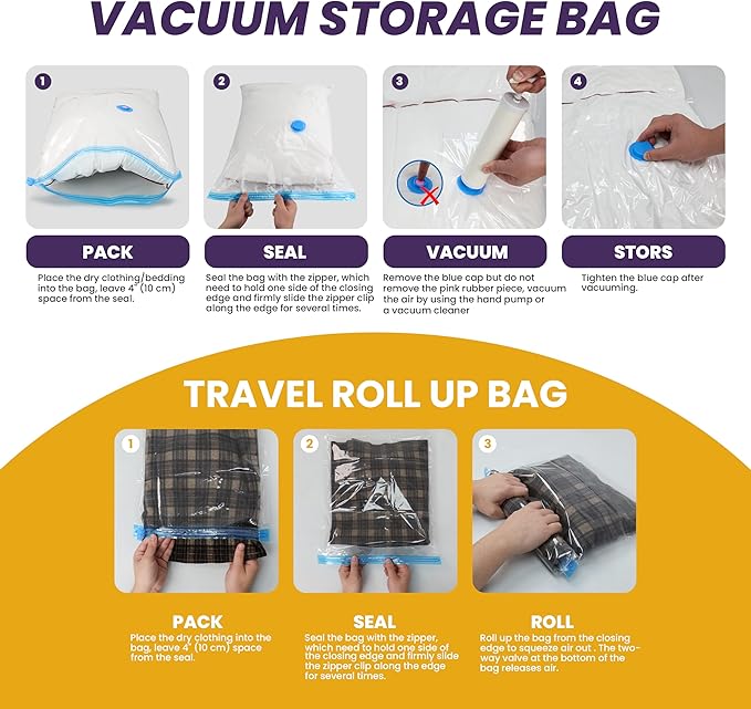 Vacuum Compression Zipper Storage Bags with Hand Pump, Multiple Pack of 32 (5 Jumbo, 5 Large, 6 Medium, 6 Small, 5 Roll M, 5 Roll S), Clear