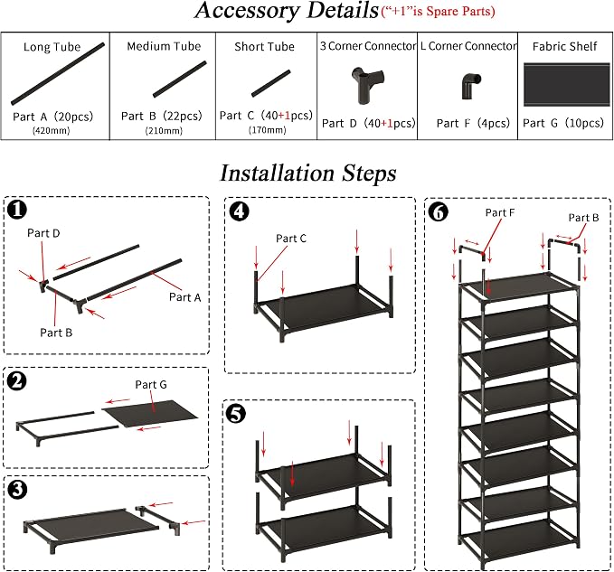 10-Tier Tall Shoe Rack for Closet, Entryway, Adjustable Sturdy Durable Shoe Shelf,Narrow Shoe Stand Organizer (17.2" W×10" D×72.8" H,Black)