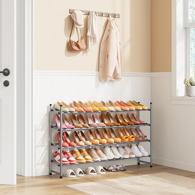 Tajsoon Expandable Shoe Rack for Closet 4 Tier, 28“-41“Stackable, Grey | Adjustable Shoe Organizer Closet Shoe Rack Floor, Metal Shoe Shelf Storage for Entryway, Closet, Garage, Front Door Entrance