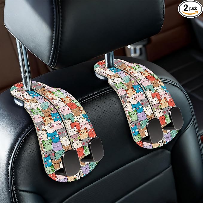 Blusabaca 2PCS Car Seat Headrest Hooks, Purses Bags Holder, Cute Cats | PU Leather, Double Metal Back Storage Hangers for Grocery Bags Handbags Bottles Coats Phones, Car Accessories Organization