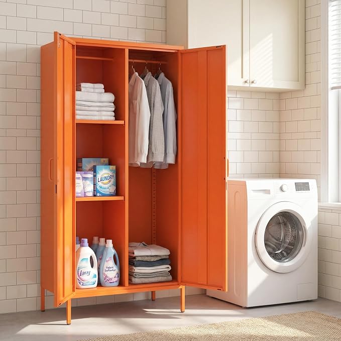 Metal Wardrobe with Lock 67"Clothing Steel Storage Cabinet Locker Hanging Rod And Adjustable Shelves 2 Doors Household kids wardrobe closet Lockers For Bedroom Home Orange Size:67"H X 31.5"W X 18.1"D