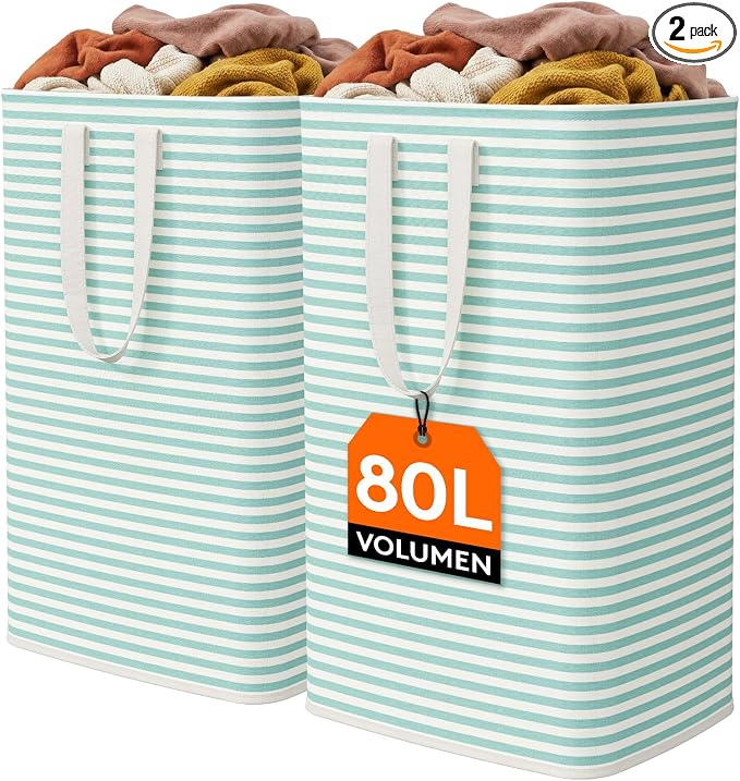 Lifewit 2 Pack Laundry Basket 80L Each, Collapsible Clothes Hamper with Reinforced Handles, Freestanding Waterproof Design for Bedroom and Laundry Room, Sage Green 160L Total