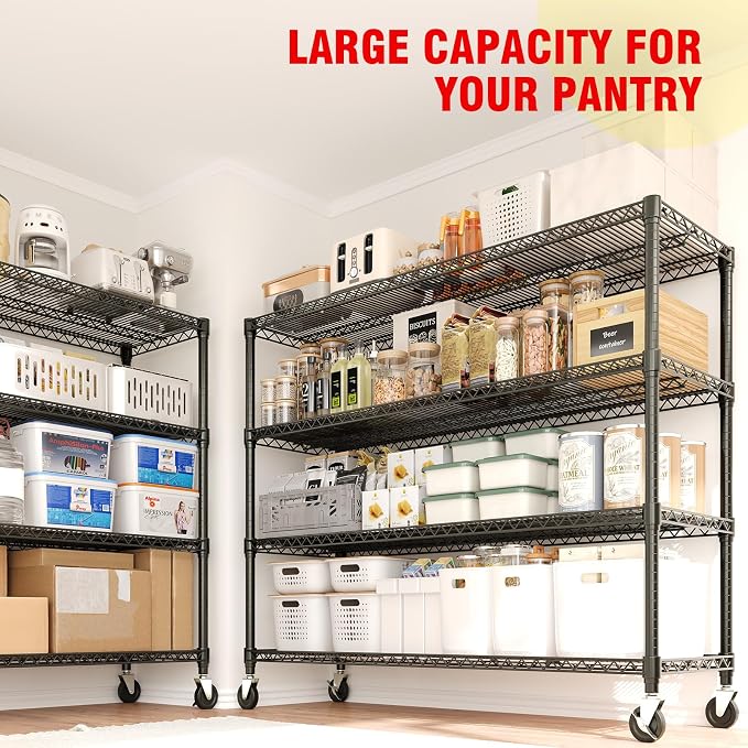59"W Storage Shelves 2640LBS Heavy Duty Garage Shelving Units with Wheels, 4-Tiers Wire Shelving Rack Metal Storage Shelves with Adjustable Shelf, for Garage Pantry Kitchen Commercial Industrial