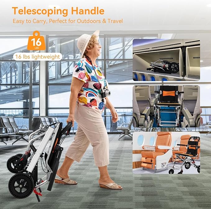 Ultra-Lightweight 19lbs Foldable Transport Wheelchair for Seniors - Portable Aluminum Travel Wheelchair with Carrying Bag, Supports 220lbs Capacity