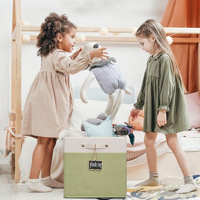 12 x 12 storage cubes,Collapsible Fabric Storage Cubes with Labels 4 Pack,Linen Cube Storage Organizer Bins with Cotton Handles for Home,Nursery,Clothes,Cabinet, Shelves and Closet(White green).