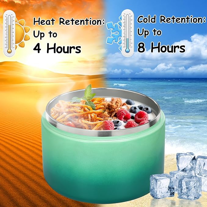 Pawtong 12oz Insulated Vacuum Food Jar with Buckle Lid Wide Mouth Soup Thermo for Hot Food Kids Leakproof Stainless Steel Lunch Container (Gradient Green, 12OZ)