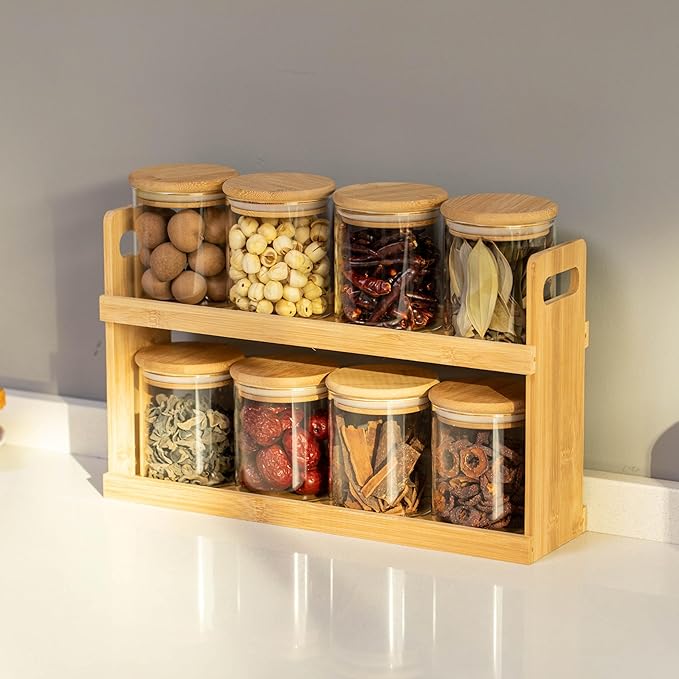 Basicwise Versatile 2-Tier Bamboo Spice Rack and Pantry Organizer with 8 Glass Jars – Perfect for Countertop Storage in Kitchens to Keep Seasoning Containers Neatly Displayed and Easily Accessible