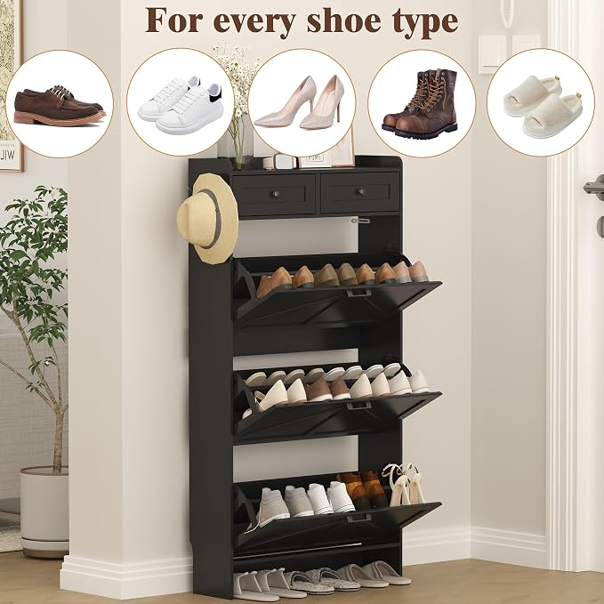 Thacuok Shoe Cabinet with 3 Flip Drawers & 2 Storage Drawers, Rustic Farmhouse Narrow Shoe Organizer Cabinet, Slim Shoe Rack Cabinet, Shoe Storage Cabinet for Entryway, Hallway, Front Door