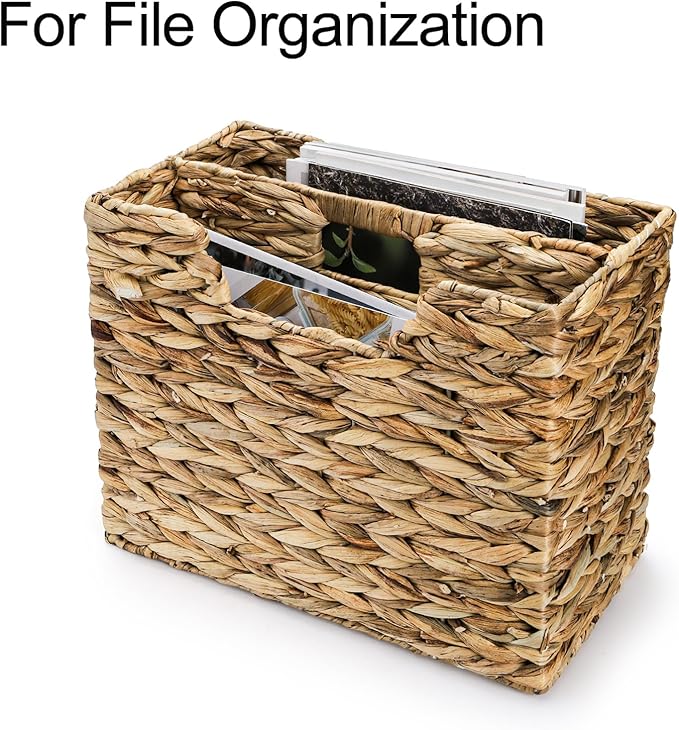 Yesland Hand-Woven Magazine Basket 14.5"x8"x11.75" - Natural Water Hyacinth Wicker Storage Organizer with Handle, 2 Compartments for Home Office Desk