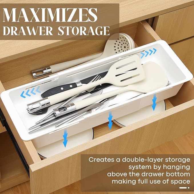 2 Pack Deep Drawer Organizer Adjustable Storage Bin(17.4-27.6") | Adjustable Width Design, Maximize Drawer Storage, Kitchen & Home Organization Solution