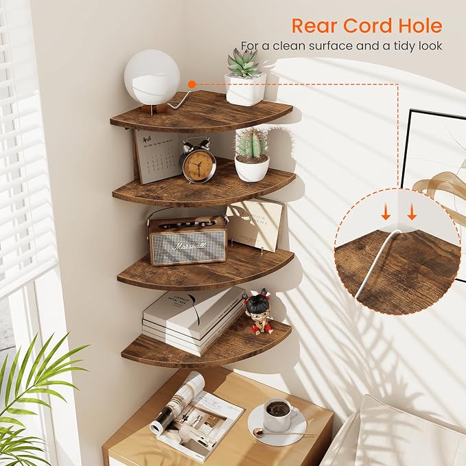 Homode Corner Wall Shelf, 12 Inch Wide Wooden Corner Floating Shelves with Cord Hole, Set of 4 Round Corner Hanging Storage Shelving for Bathroom Living Room Small Spaces, Rustic Brown