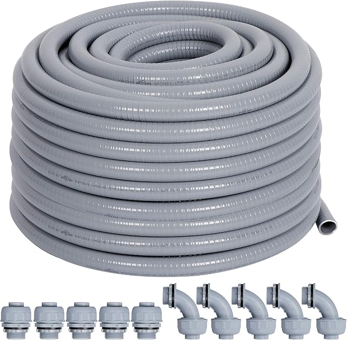 Liquid-Tight Conduit Kit 1/2 50ft w/UL Certification | Flexible Electrical Conduit with 5 Straight and 5 90-Degree Conduit Connector Fittings