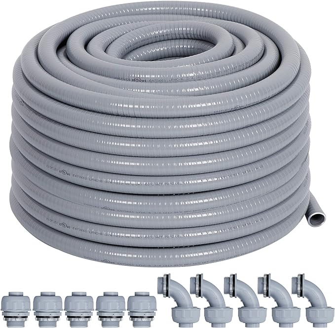 Liquid-Tight Conduit 3/4 50ft w/UL Certification | Flexible Electrical Conduit with 5 Straight and 5 90-Degree Conduit Connector Fittings