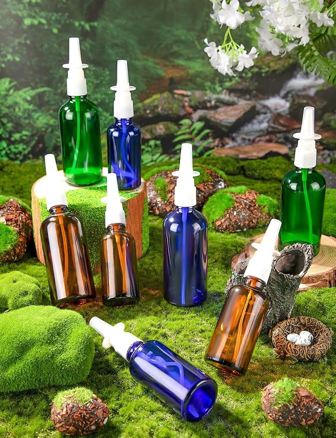 8 Pcs Nasal Spray Bottle, 50ML/1.76OZ 4Pcs Glass Empty Blue Nose Nasal Spray Bottles Refillable with 2 Funnels and 2 Labels