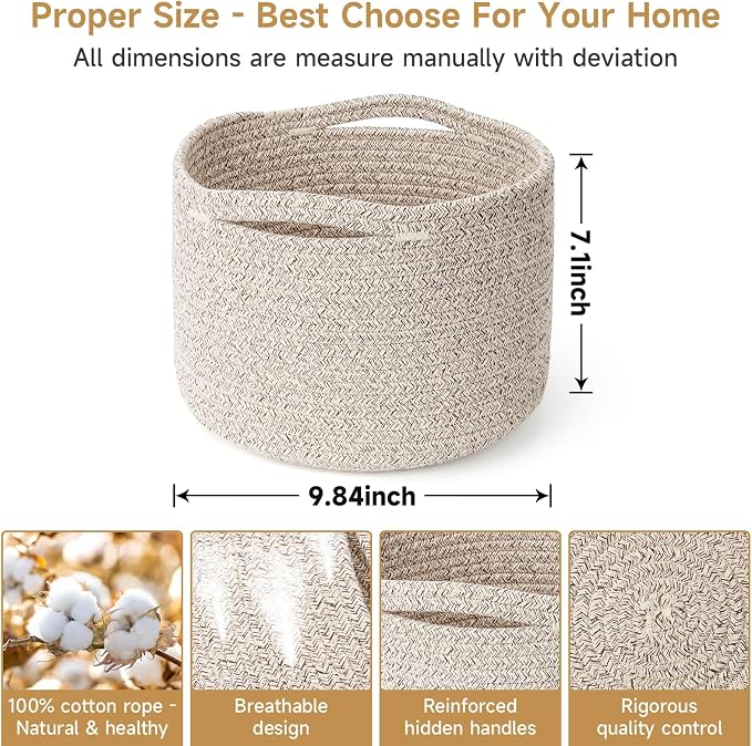 Small Rope Baskets for Storage, Baskets for Gifts Empty, Cute Round Woven Basket, Decorative Shelf Baskets 9.82×9.82×7.1", Cotton Toy Basket Storage Bins for Organizer 3 Packs-Brown