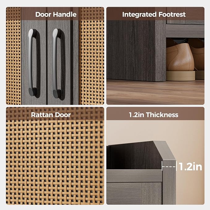 Mericonia Shoe Cabinet Storage for Entryway, Natural Rattan Shoes Cupboard, Wooden Shoe Rack with Doors and Shelves, Farmhouse Boho Wood Shoe Organizer Cabinet for Hallway Black