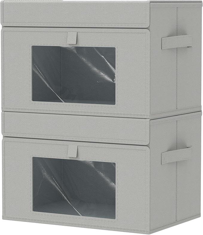 Storage Bins with Lids, Cube Organizer Basket with Window, Closet Boxes with Carrying 2 Handles and Sturdy PP Support Plate, 2 Pack, Grey, 15 x 9.8 x 9.8 In, XSNY17GL-2
