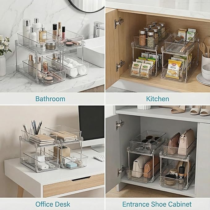 1 Pack Bathroom Organizer,2 Tier Clear Under Sink Organizers Vanity Countertop Storage Container,Cabinet Drawers Bins, Pull-Out Organization with Track for Pantry, Kitchen