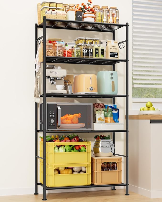 Sakugi Storage Shelves - 5-Tier Spacious Shelf Organizer with Hooks & Leveling Feet, Easy to Assemble, Rust-Resistant Garage Shelving for Kitchen, Pantry, Bedroom, 33.2" x 12.7" x 71.7", Black
