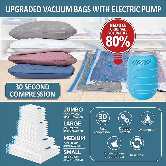 22 Vacuum Storage Bags with Electric Pump, Vacuum Sealed Storage Bags (3Jumbo/3Large/8Medium/8Small), Space Saver Vacuum Seal Bags for Clothing, Comforters, Pillows, Towel, Blanket Storage, Bedding