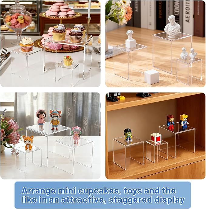 Aheroi Acrylic Risers Display Stands, Acrylic Stands for Display 6Pcs 2Set | Clear Acrylic Display Stands, Small Table Display Shelf Cupcake Stand Buffet Risers for Wedding Party Food Statue(3"*4"*5")