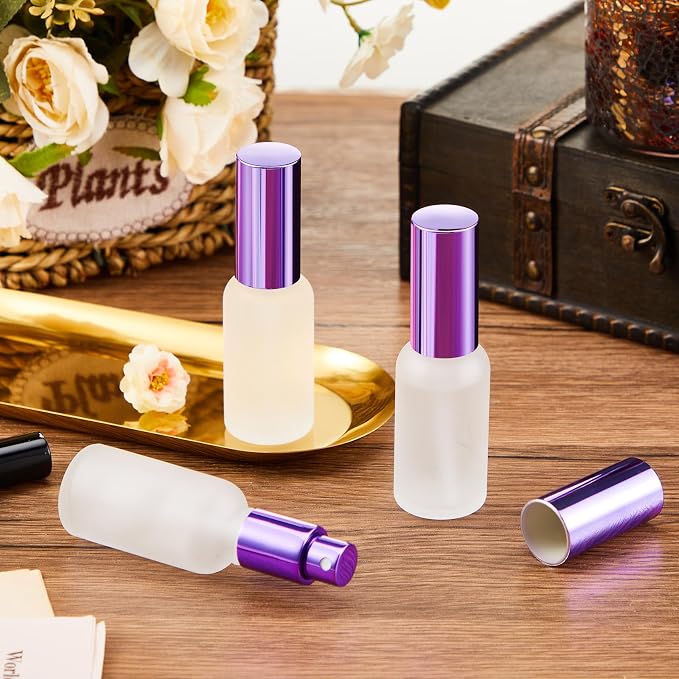 Roshtia 30 Pcs Glass Spray Bottle Clear Empty Bottles Small Refillable Reusable Perfume Bottle with Fine Mist Sprayer Pump for Face Body Travel(1 oz,Purple)