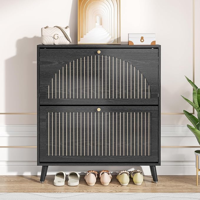 Fsbecl Shoe Storage Cabinet for Entryway with 2 Flip Drawers, Narrow Wood Shoe Cabinet with Fluted Panel, Freestanding Hidden Shoe Organizer for Foyer, Hallway (Black - No Shelf)