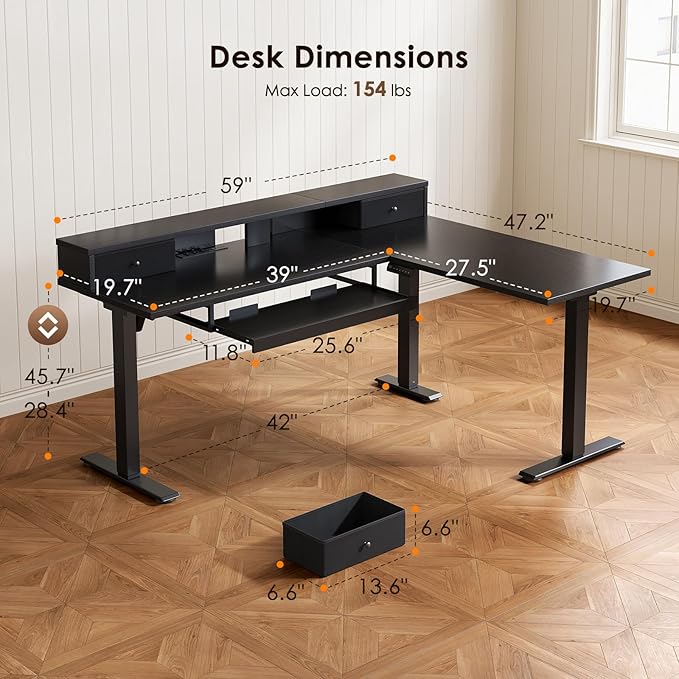 OffiGo 59 Inch L Shaped Electric Standing Desk with Drawers, Black | Monitor Stand, Keyboard Tray, Fabric Drawer, Power Outlets, Height Adjustable Corner Stand Up Desk for Organized Home Office
