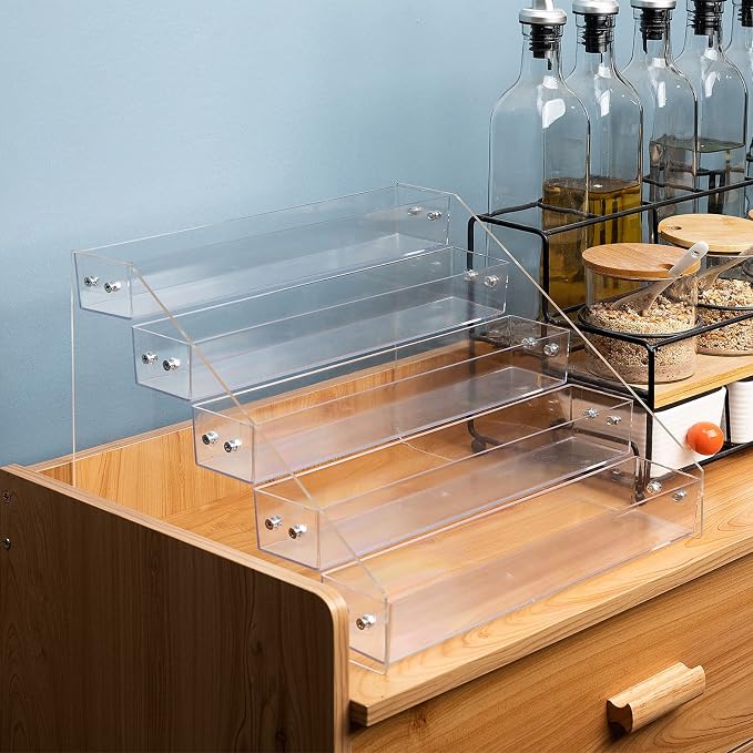 Acrylic Spice Rack, Tiered Spice Rack Shelf Seasoning Organizer | for Countertop, Cabinet, Pantry, Kitchen Storage - 5 Tier, 2PCS
