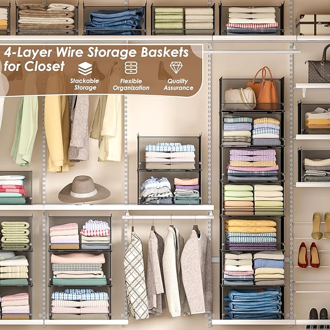 Tiaoheka 4-Tier Stackable Closet Organizers and Storage, Metal Wire Storage Shelves for Closet,Mesh Closet Shelves and Storage Bins for Clothes, Sweaters and Handbags