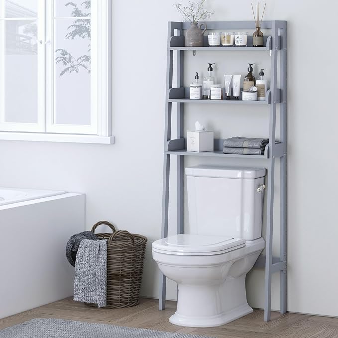 UTEX Over The Toilet Storage Shelf, 3-Tier Bathroom Shelf Rack, Gray | Space-Saving Bathroom Organizer with 3 Open Shelves for Towels & Toiletries, Adjustable Lower Crossbar, 33-Inch Clearance