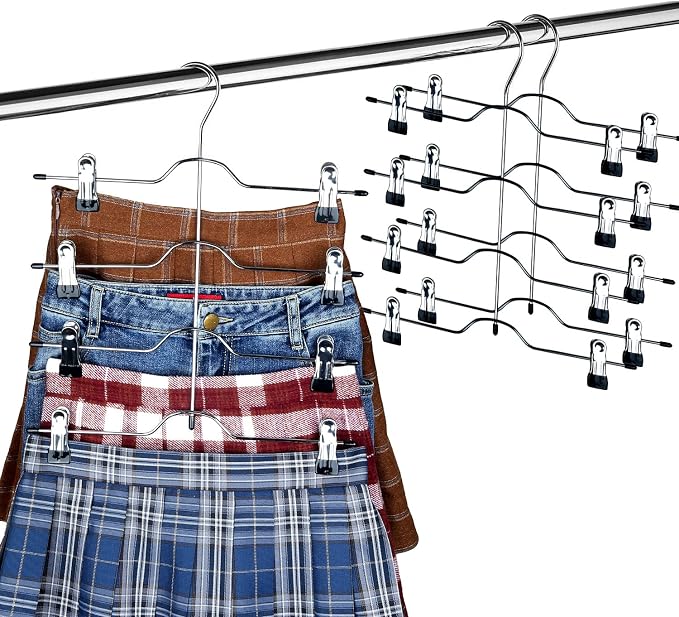 Szxc 2 Pack 4 Tier Skirt Pants Hangers Adjustable Clips Closet Organizer | Chrome frame with black vinyl, non-slip, durable clip hangers for pants & skirts,Space Saving Closet Organizer