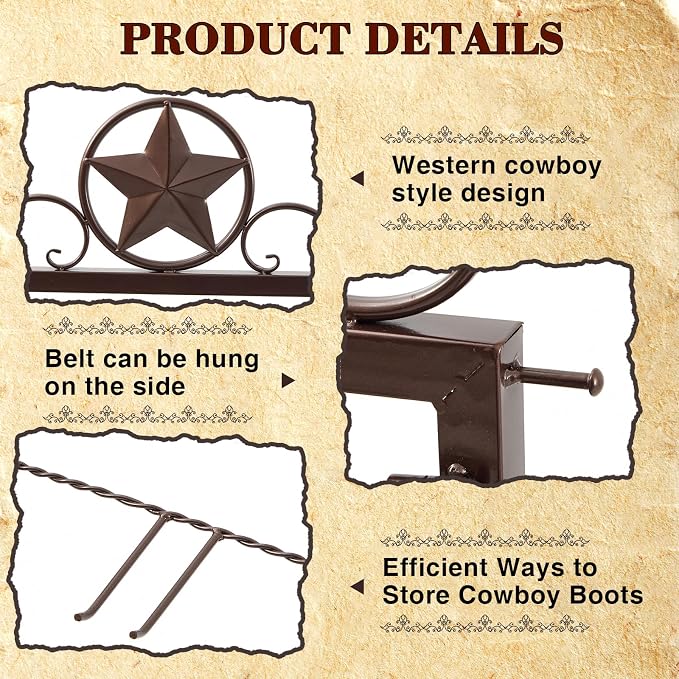 Novabright Western Boot Rack for 4 Pairs, Metal Star Freestanding Cowboy Boot Rack Vertical Organizer Storage Rustic Western Tall Boots Organizer Shelf for Tall Boots Hats Belts and Accessories