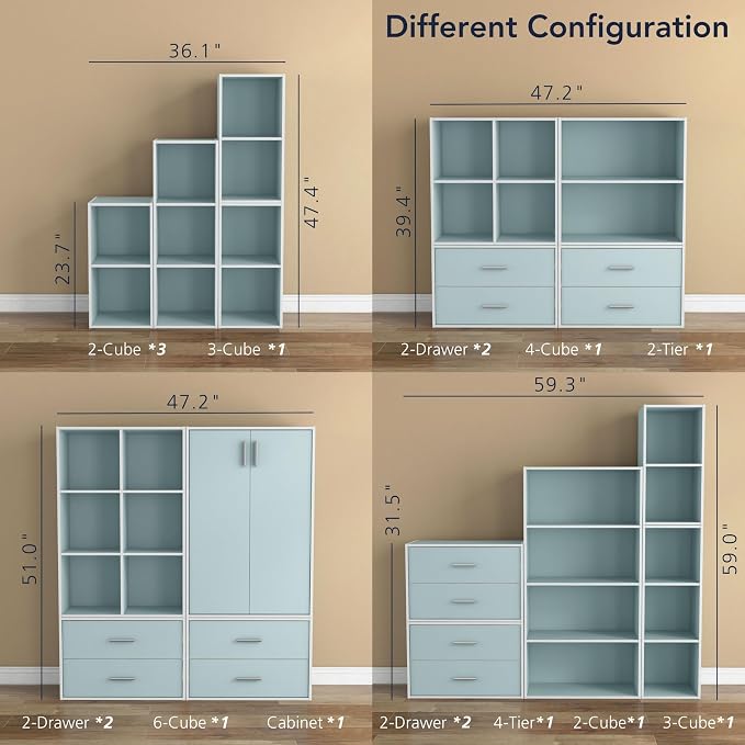 Homes: Inside + Out Apexa 2-Cube Storage Organizer Shelves, Stackable Wood Bookcase Fits Cubby Bins for Organization, Dorm Teen Room Decor & Home Office, Light Blue