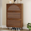 Shoe Storage Cabinet with 3 Flip Drawers, Narrow Wood Shoe Organizer Cabinet with Fluted Panel, Slim Shoe Rack for Entryway, Freestanding Shoe Cabinet for Living Room, Hallway, Walnut