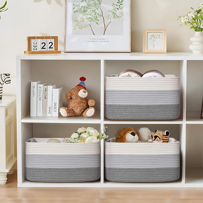 4 Pack Large Storage Basket for Organizing, 17.5"x13"x7" Woven Basket for Shelves, Closet Cube Storage Bins with Wrapped Handle, Cotton Rope Baskets for Kitchen, Clothes, Toys(Gradient Grey)
