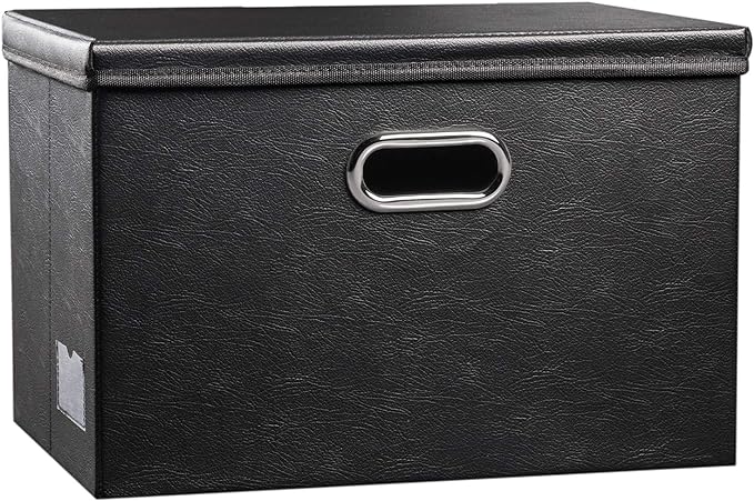 PRANDOM Large Collapsible Storage Bin with Lid [1-Pack] Leather Fabric Foldable Storage Box Organizer Containes Basket Cube with Cover for Home Bedroom Closet Office Nursery Black (17.7x11.8x11.8)