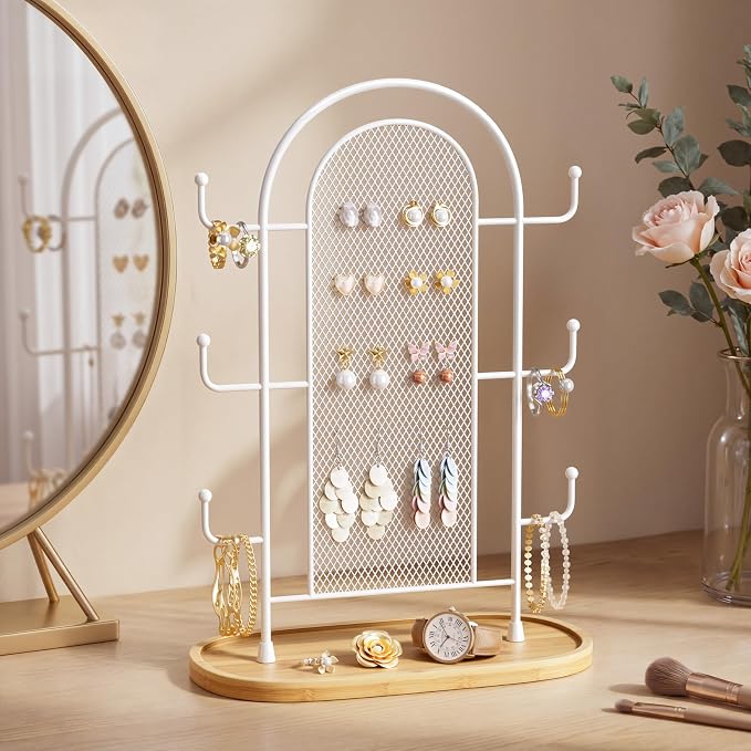 bussdis Jewelry Holder Organizer Earring Display - Earring Storage Tree Stands Towers With 6 Hooks 300 Studs Wood Tray White Metal Rack