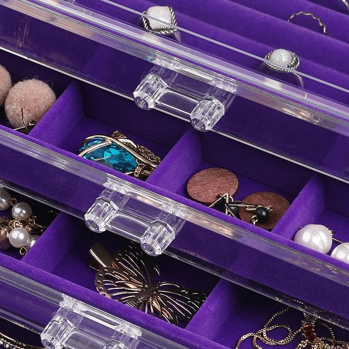 Frebeauty Extra Large Acrylic Jewelry Box for Women 5 Layers Clear Jewelry Organizer Velvet Earring Box with 5 Drawers Rings Display Case Necklaces Holder Tray for Women Girls(Purple) | Jewelry Storage for Rings Earrings Bracelets,Dustproof,Velvet Lini...